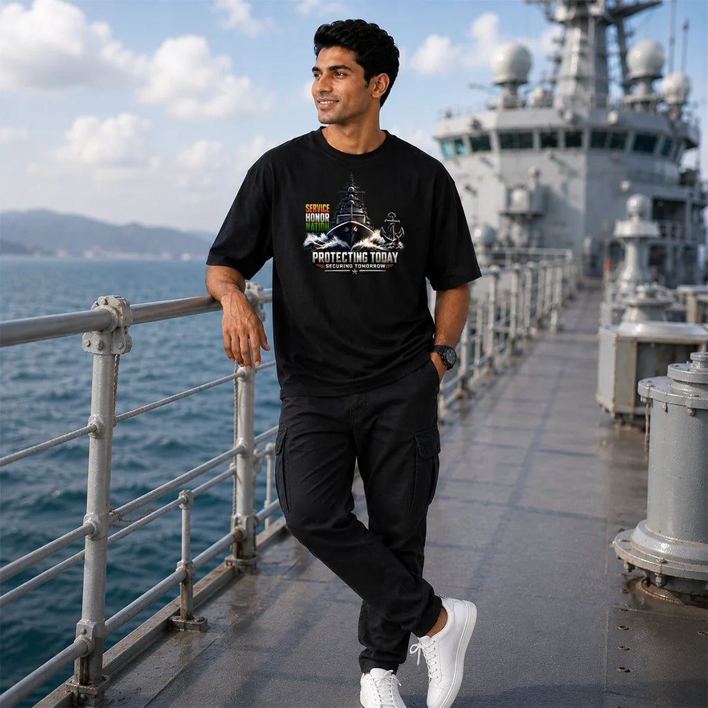 Indian Navy Warship Graphic Oversized T-Shirt - 240 GSM Pure Cotton
