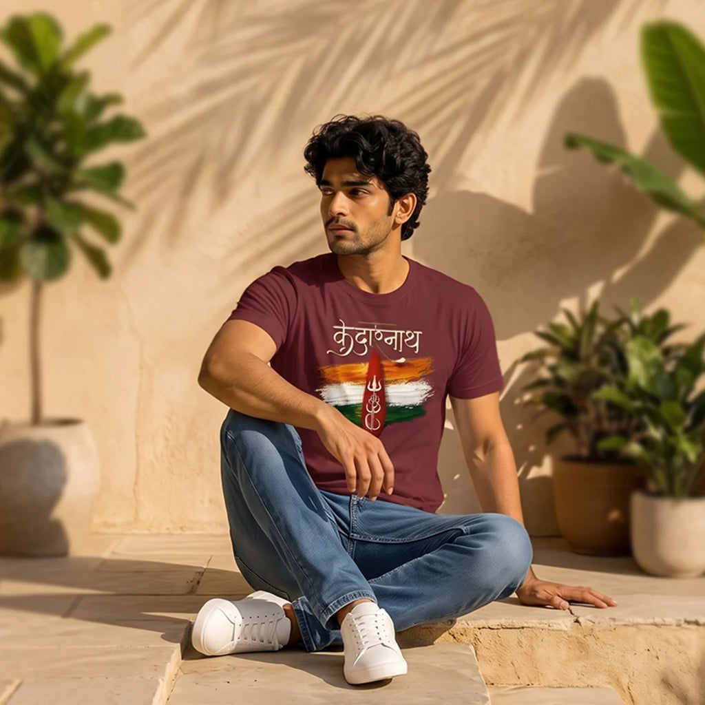 Men's Pure Cotton Regular Fit Kedarnath Tricolor Printed T-Shirt | 180 GSM Bio-Washed Spiritual Graphic Tee