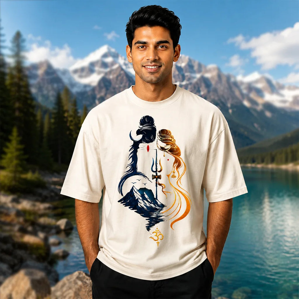 Men's Divine Ardhanareshvara Oversized Graphic T-Shirt - 240 GSM Pure Cotton, Bio-Washed