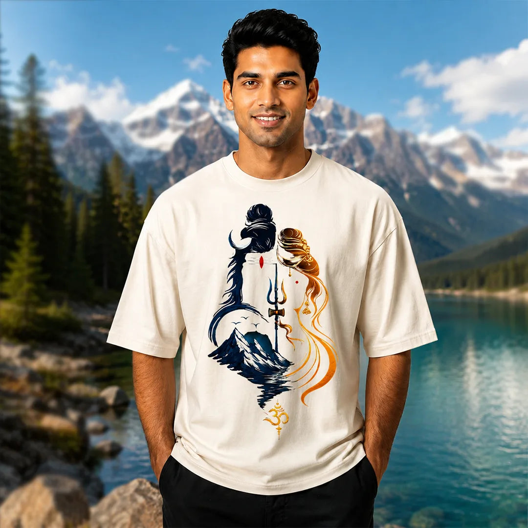 Men's Divine Ardhanareshvara Oversized Graphic T-Shirt - 240 GSM Pure Cotton, Bio-Washed