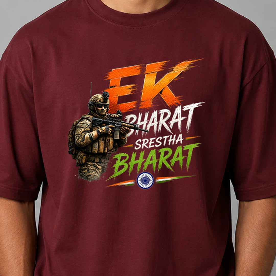 Men's "Ek Bharat Srestha Bharat" Oversized Graphic T-Shirt - 240 GSM Pure Cotton, Bio-Washed