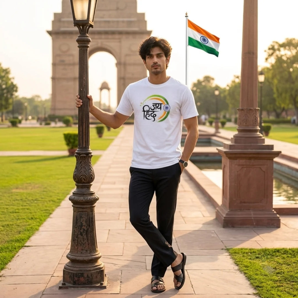 Excello Men's "Jai Hind" Patriotic Typography Graphic T-Shirt | 15th August Edition | 180 GSM Pure Cotton Regular Fit
