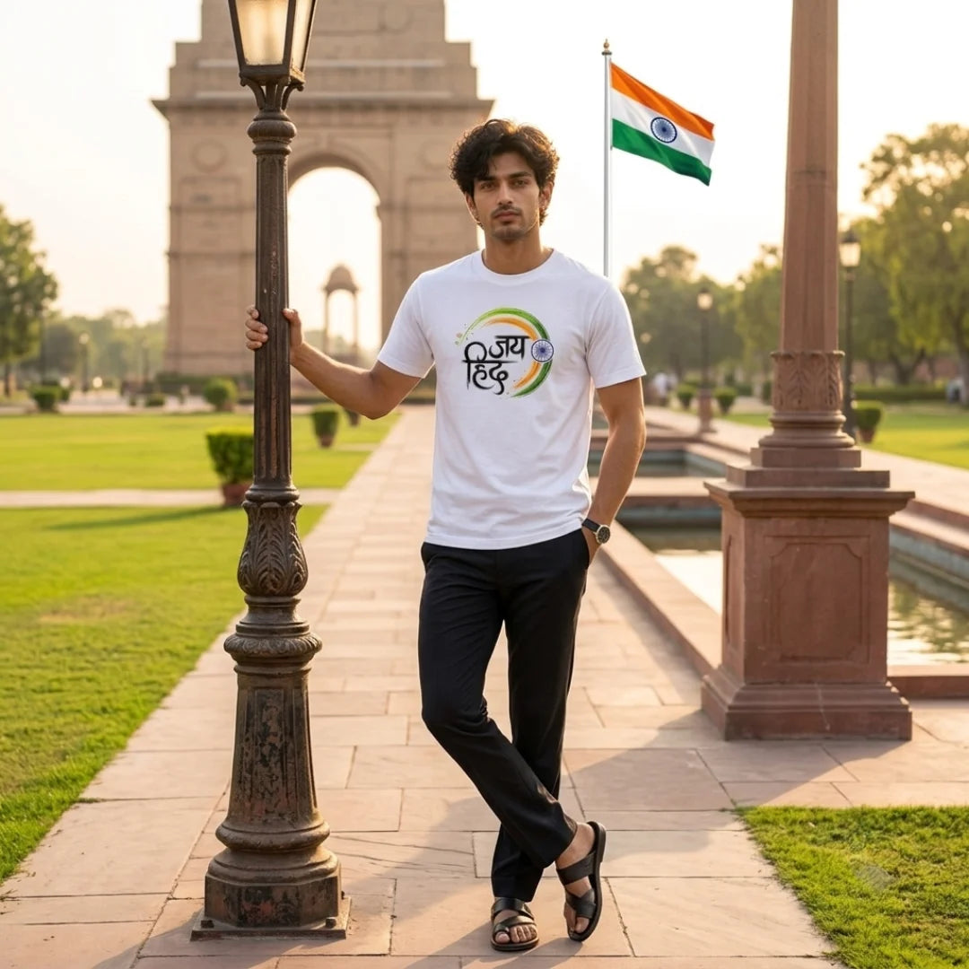 Excello Men's "Jai Hind" Patriotic Typography Graphic T-Shirt | 15th August Edition | 180 GSM Pure Cotton Regular Fit