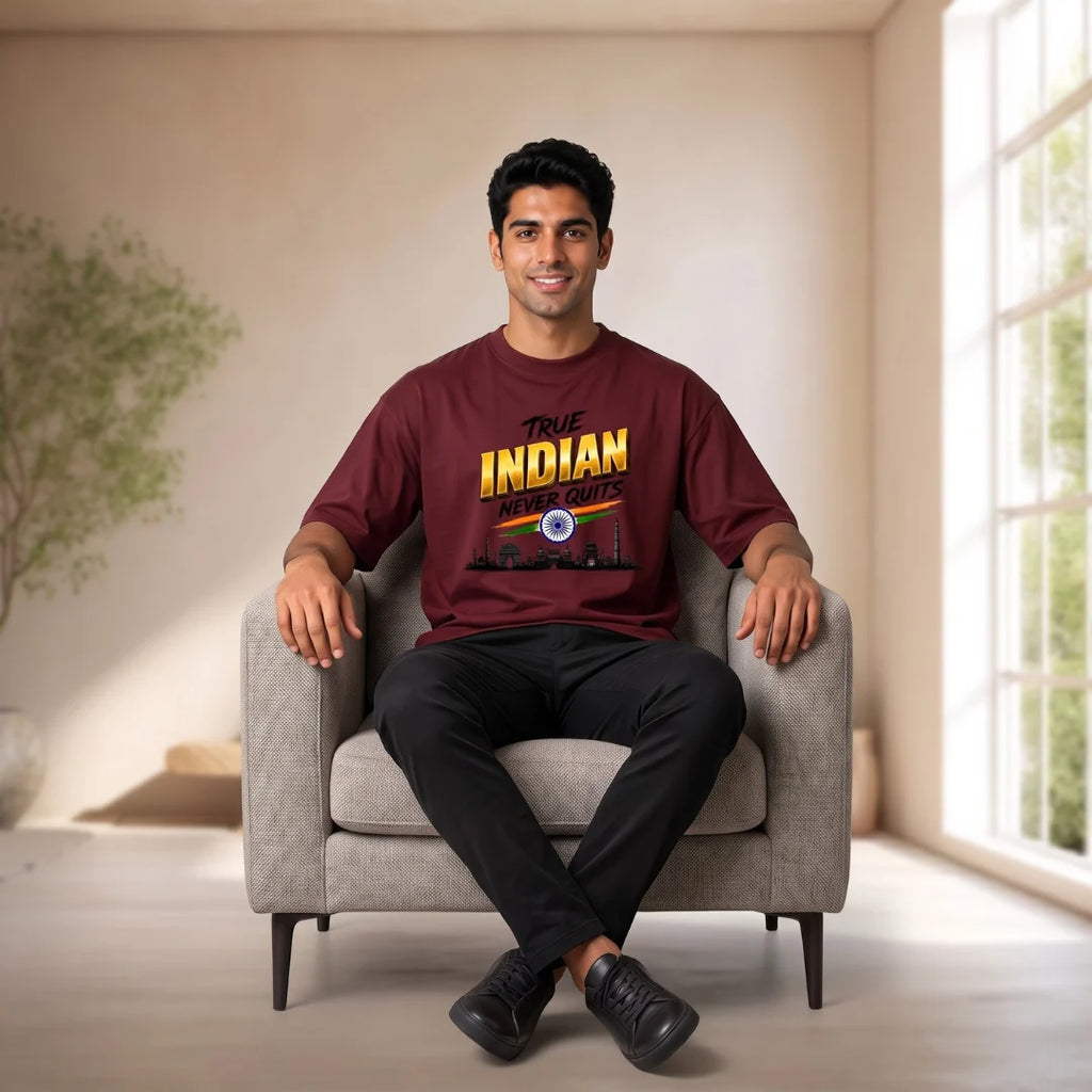 Men's "True Indian Never Quits" Oversized Graphic T-Shirt - 240 GSM Pure Cotton, Bio-Washed