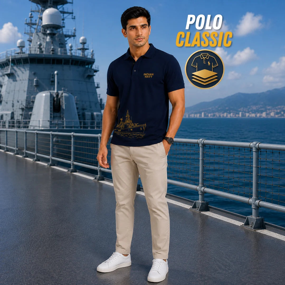 Excello Premium Indian Navy Tribute Polo T-Shirt | 210 GSM Nano Poly Regular Fit