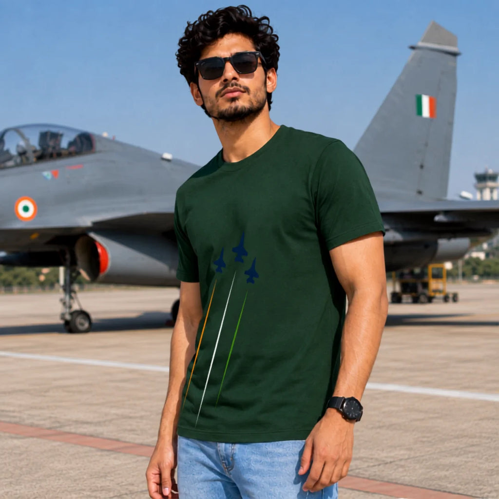 Premium Patriotic Fighter Jet Graphic T-Shirt | 180 GSM Pure Cotton, Bio-Washed Regular Fit