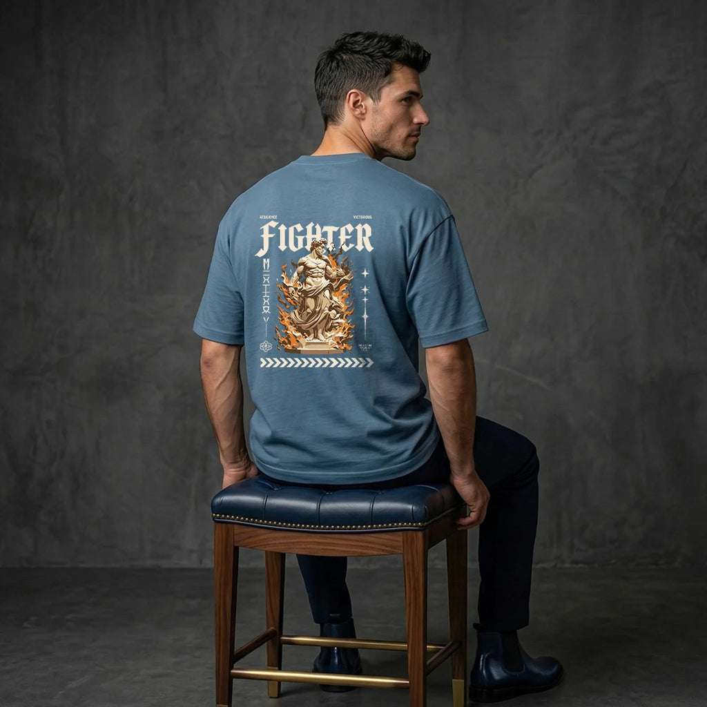 "Victorious Fighter" Graphic Oversized T-Shirt – Steel Blue