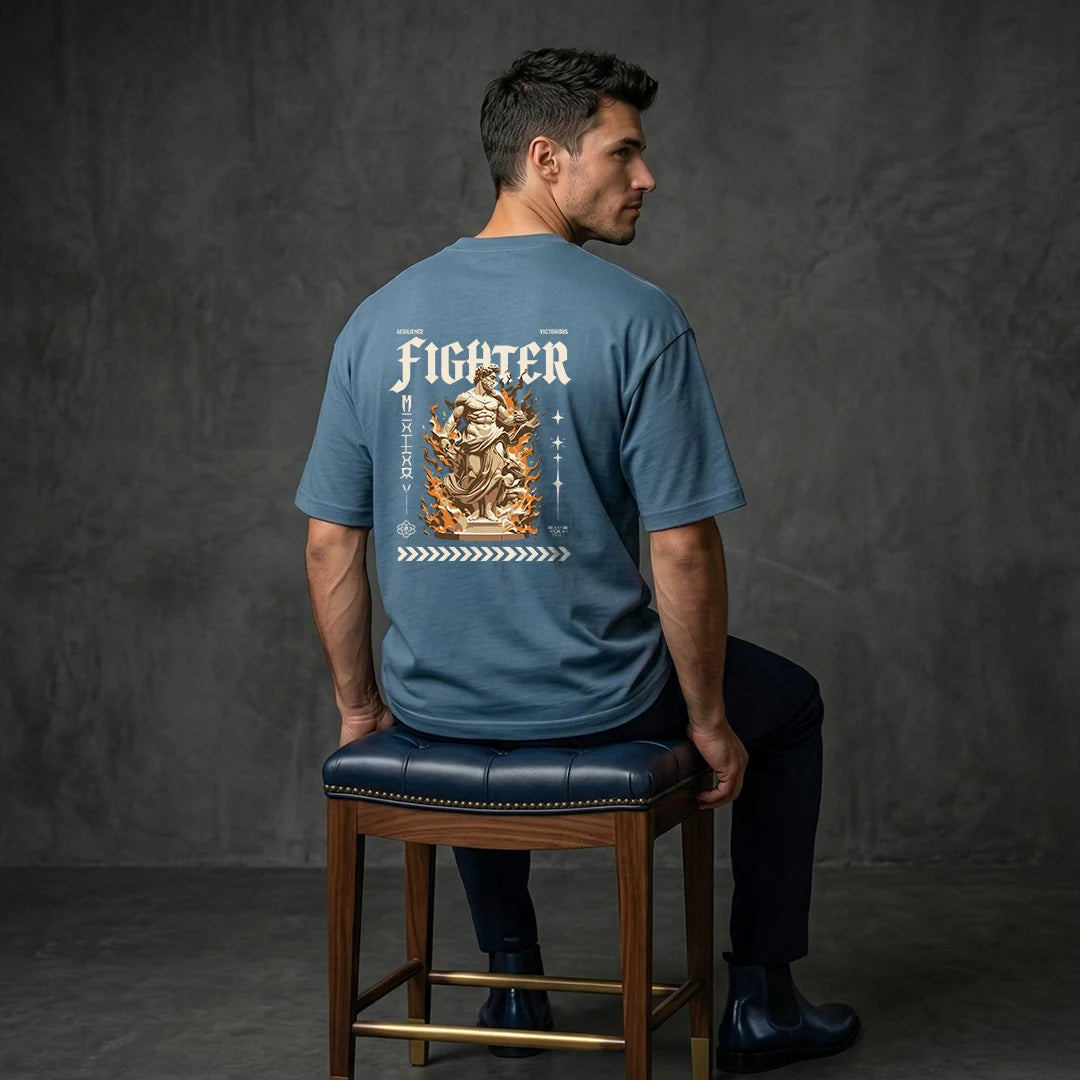 "Victorious Fighter" Graphic Oversized T-Shirt – Steel Blue