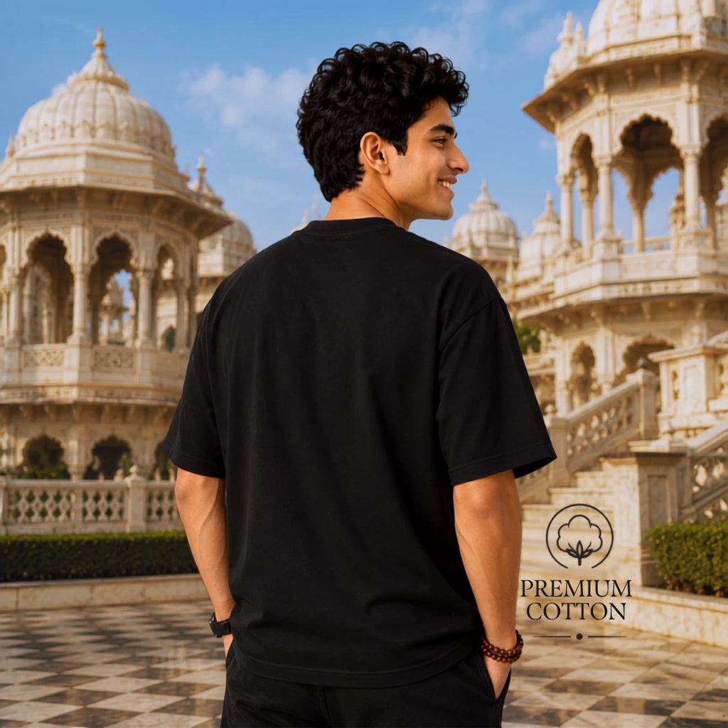 Excello Men's Divine Radha Krishna Lotus Graphic Oversized T-Shirt - 240 GSM Pure Cotton, Bio-Washed