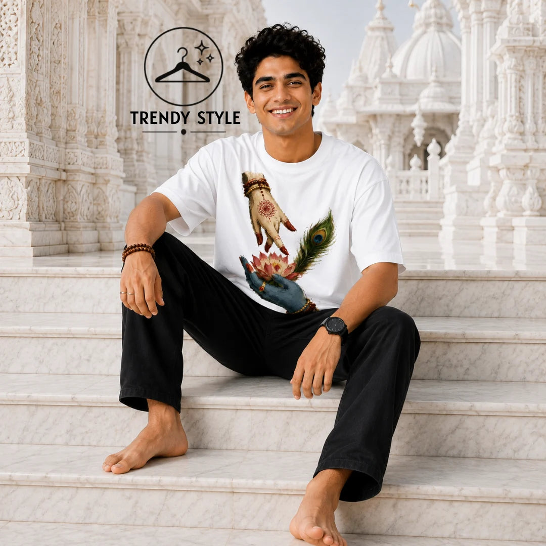 Excello Men's Divine Radha Krishna Lotus Graphic Oversized T-Shirt - 240 GSM Pure Cotton, Bio-Washed