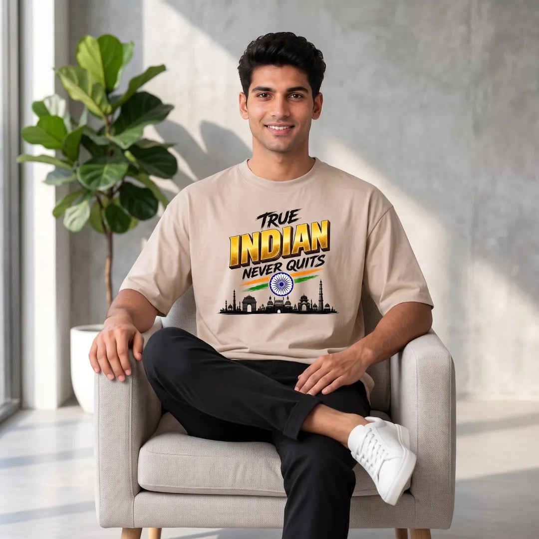 Men's "True Indian Never Quits" Oversized Graphic T-Shirt - 240 GSM Pure Cotton, Bio-Washed