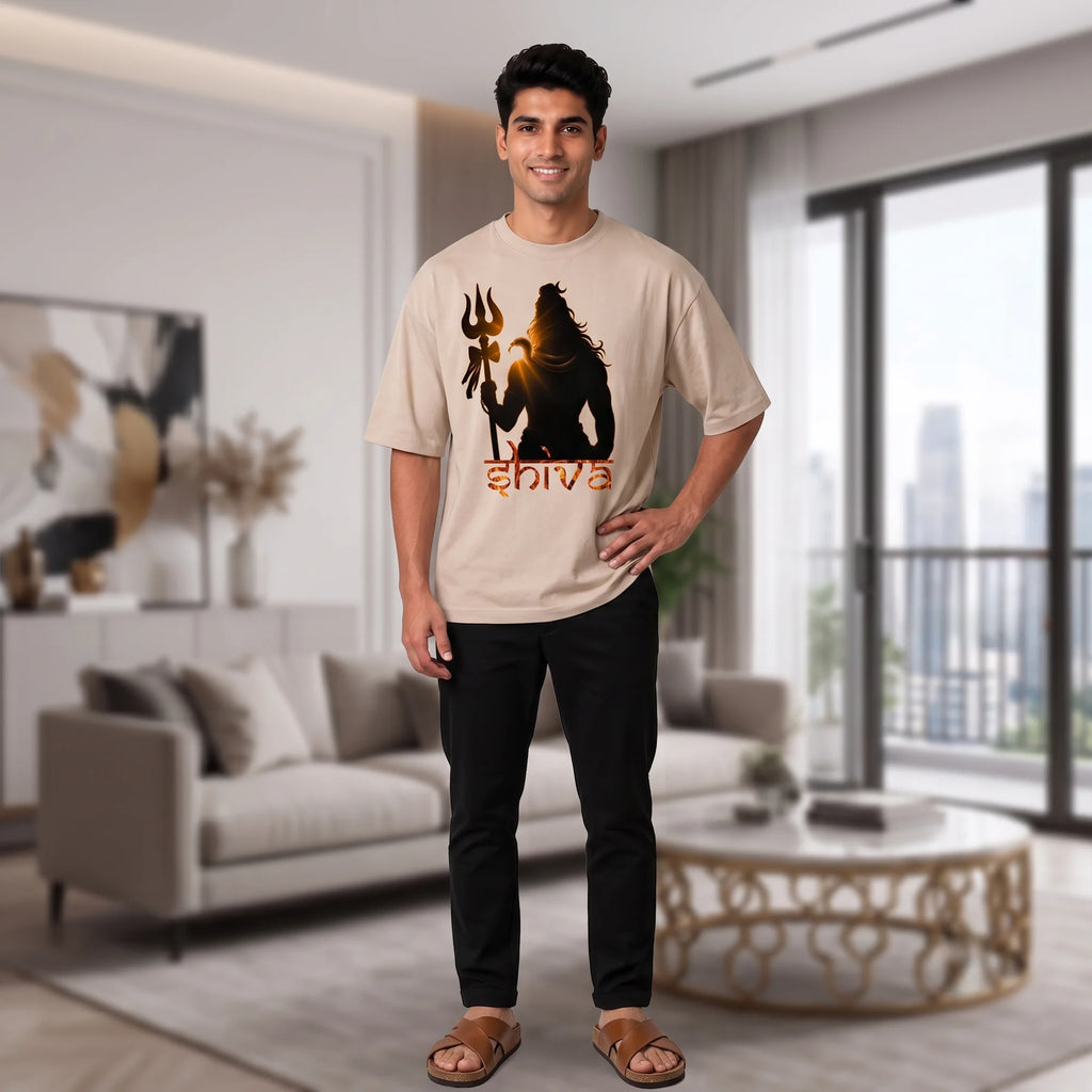 Lord Shiva Trishul Graphic Printed Oversized T-Shirt | Premium 240 GSM Pure Cotton Breathable Devotional Tee