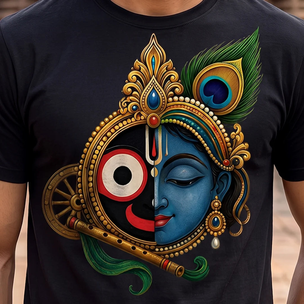 Men's Pure Cotton Lord Jagannath & Sri Krishna Fusion Graphic Printed T-Shirt