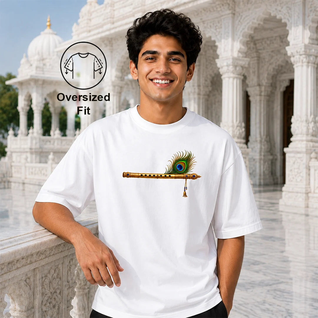 Excello Men's Divine Krishna Silhouette Graphic Oversized T-Shirt - 240 GSM Pure Cotton, Bio-Washed