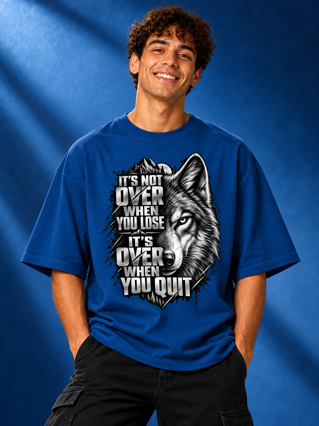 Excello Men's Motivational Wolf Graphic Oversized T-Shirt | Air Force Blue