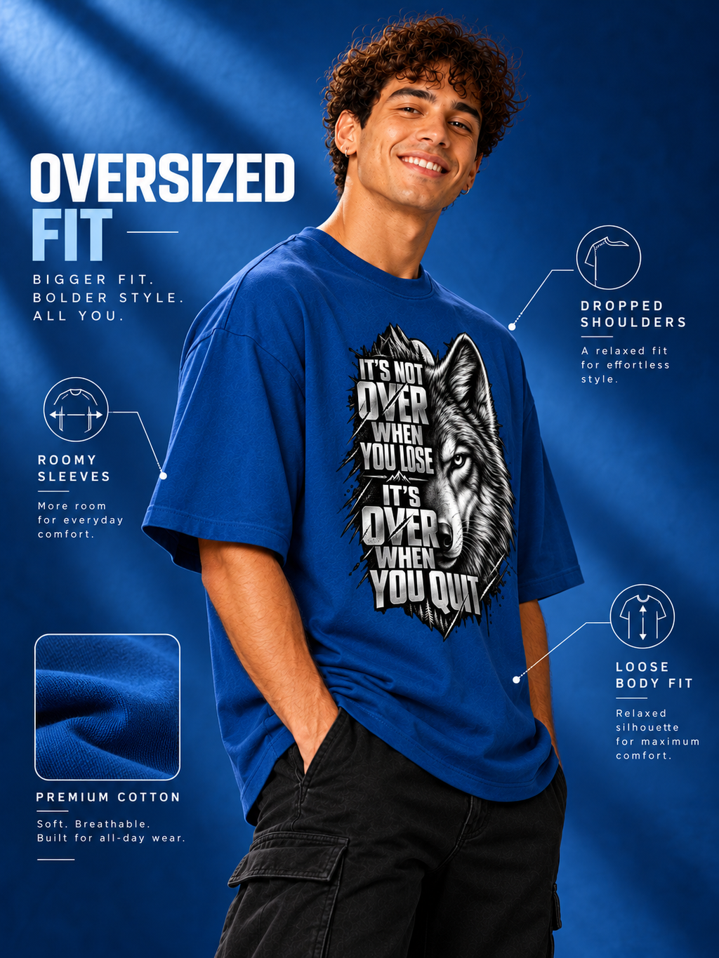 Excello Men's Motivational Wolf Graphic Oversized T-Shirt | Air Force Blue