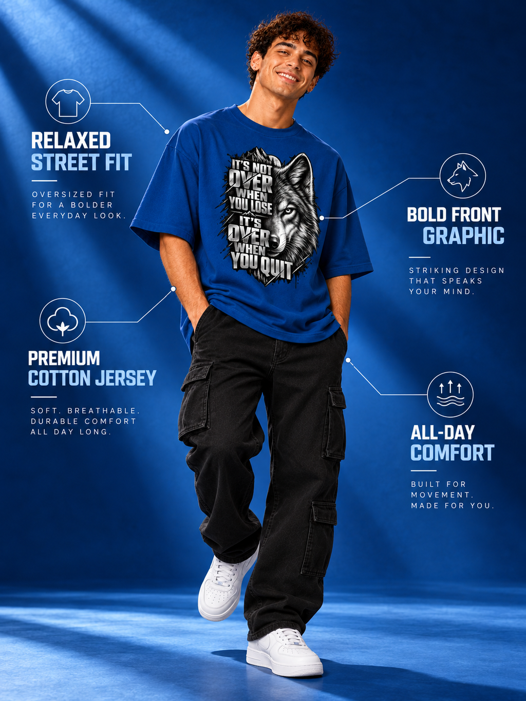 Excello Men's Motivational Wolf Graphic Oversized T-Shirt | Air Force Blue