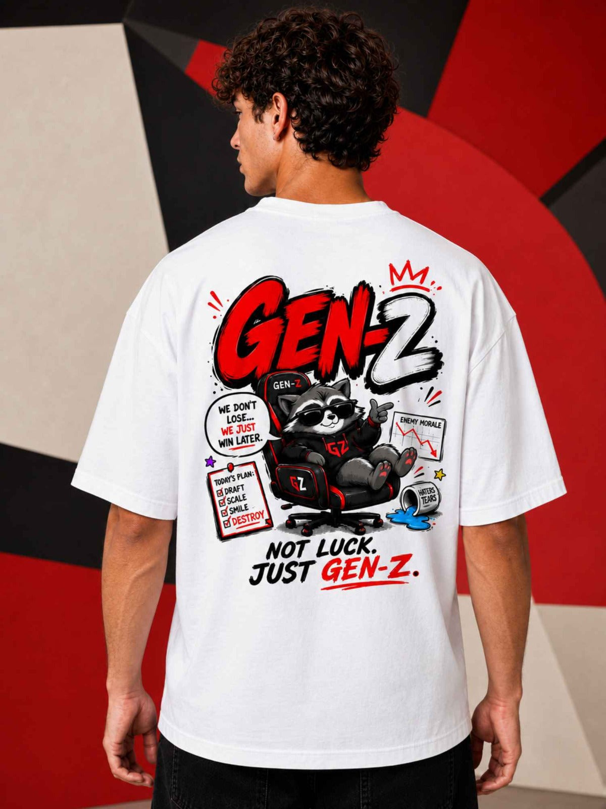 Excello Men's 'Gen-Z Raccoon' Gamer Graphic Oversized T-Shirt | White