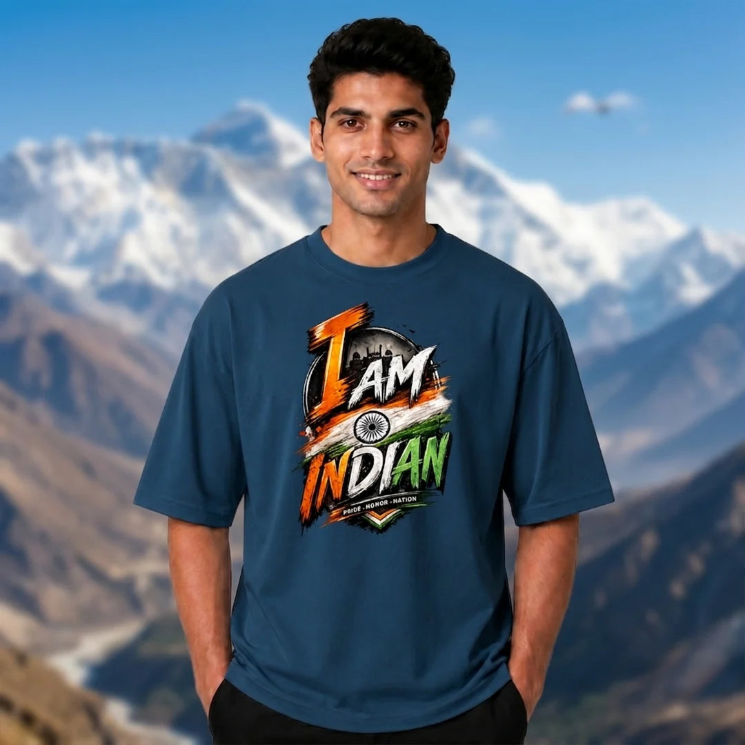 Men's "I Am Indian" Pride Oversized Graphic T-Shirt - 240 GSM Pure Cotton, Bio-Washed