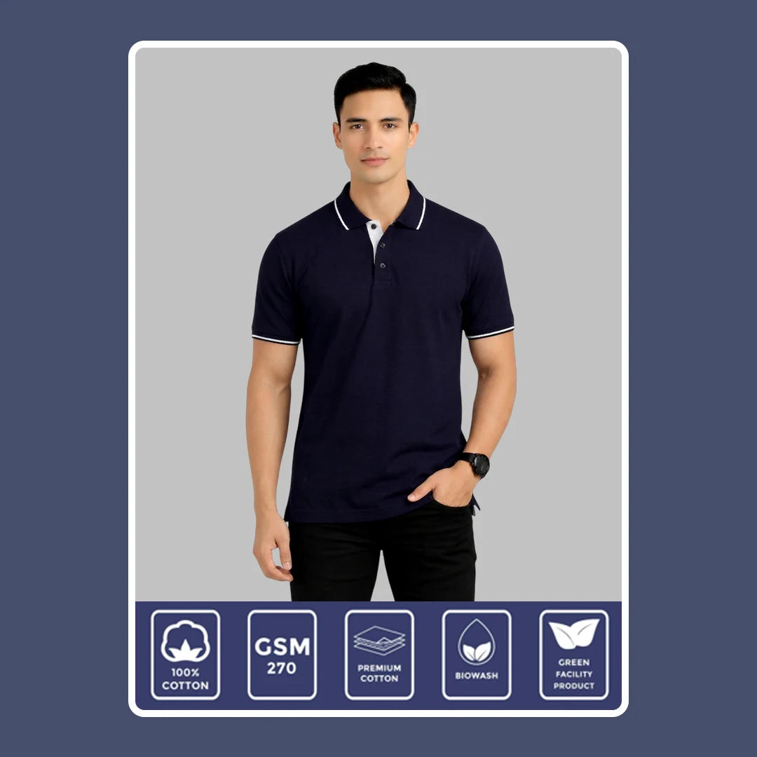 Men’s Premium Polo T-Shirt with Contrast Tipping | 270 GSM | Regular Fit Cotton Pique | Smart Casual & Office Wear