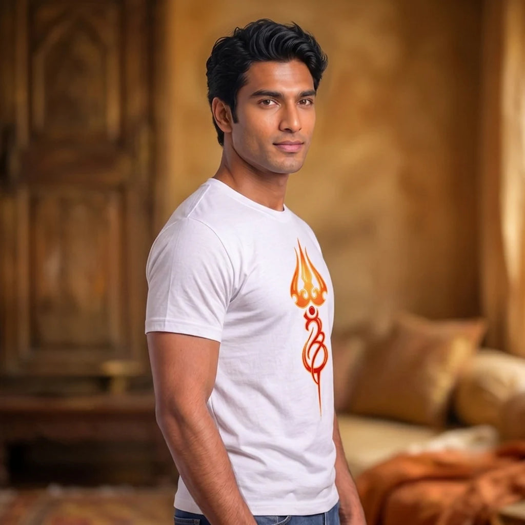Men's Pure Cotton Regular Fit Mahadev Trishul Om Printed T-Shirt | 180 GSM Bio-Washed Spiritual Graphic Tee
