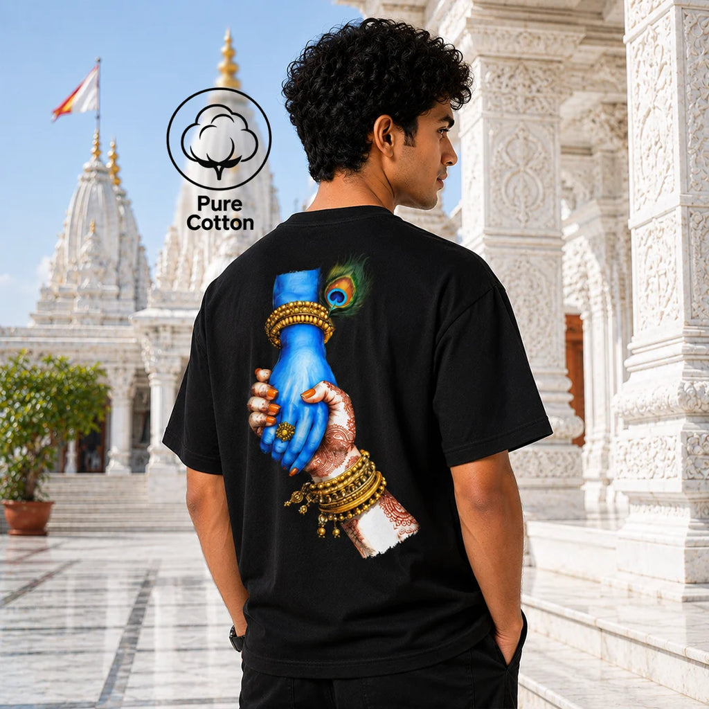 Excello Men's Jai Shree Krishna Divine Graphic Oversized T-Shirt - 240 GSM Pure Cotton, Bio-Washed