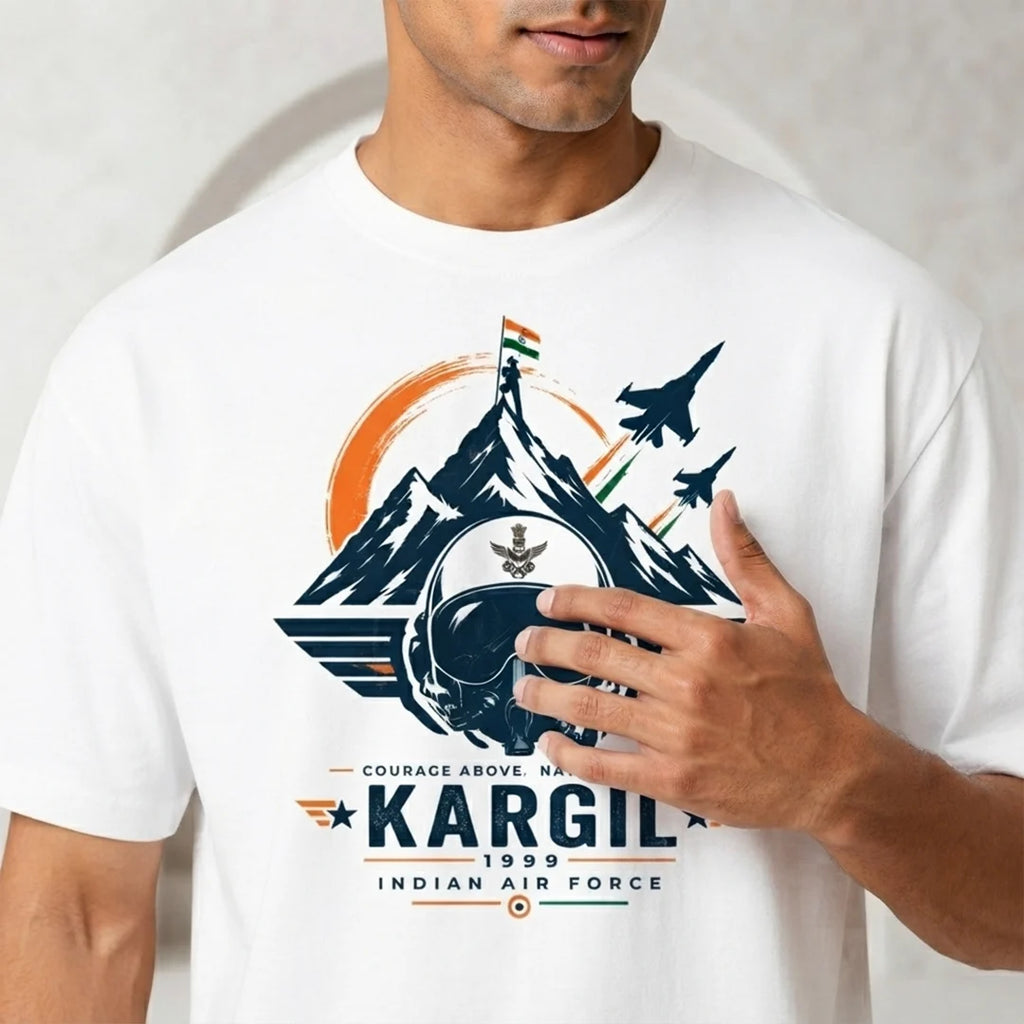 Men's Oversized Graphic T-Shirt - Kargil 1999 Indian Air Force Tribute, 240 GSM Pure Cotton, Bio-Washed