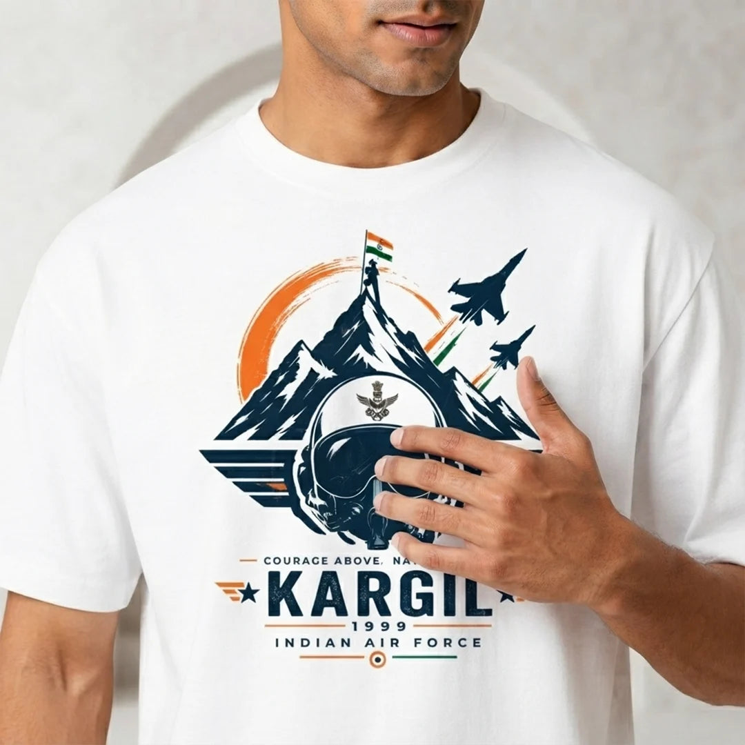 Men's Oversized Graphic T-Shirt - Kargil 1999 Indian Air Force Tribute, 240 GSM Pure Cotton, Bio-Washed