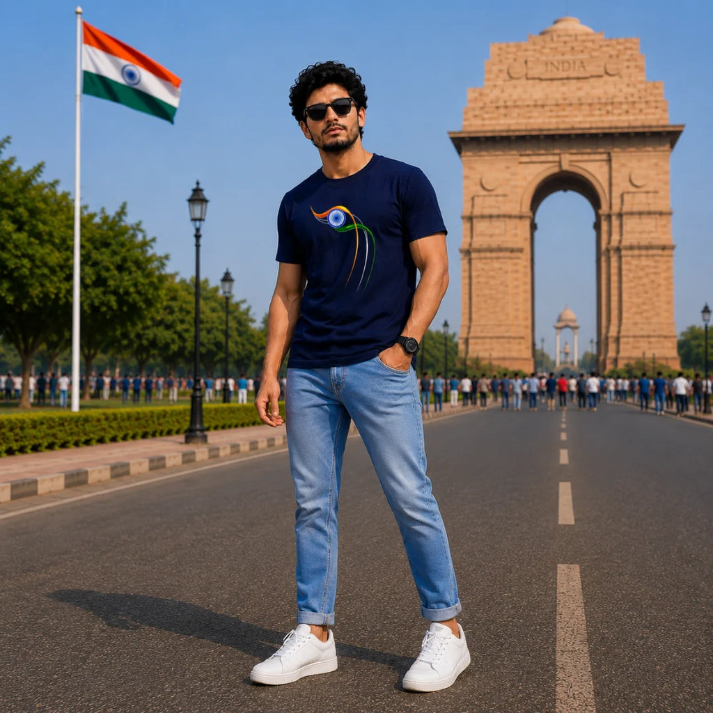Excello Men's Patriotic Ashoka Chakra Graphic T-Shirt | 180 GSM Pure Cotton | Double Bio-Washed | Premium DTF Print