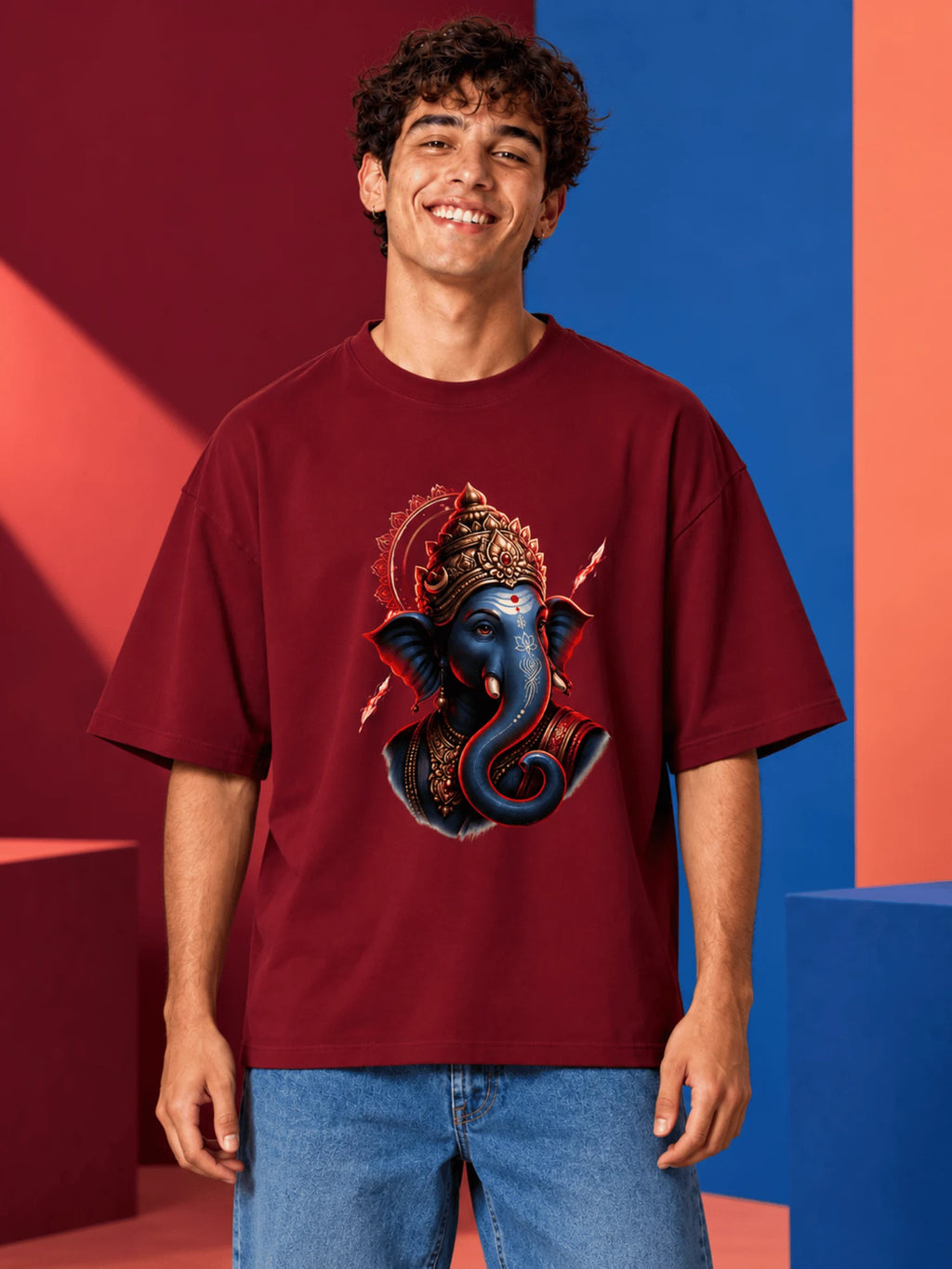 Excello Ganesha Oversized T-Shirt - 240GSM Cotton-Maroon