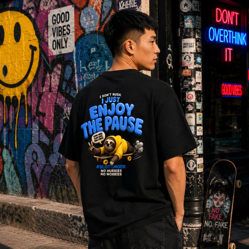 Excello Men's "Enjoy The Pause" Sloth Skateboard Graphic Oversized T-Shirt - 240 GSM Pure Cotton, Bio-Washed