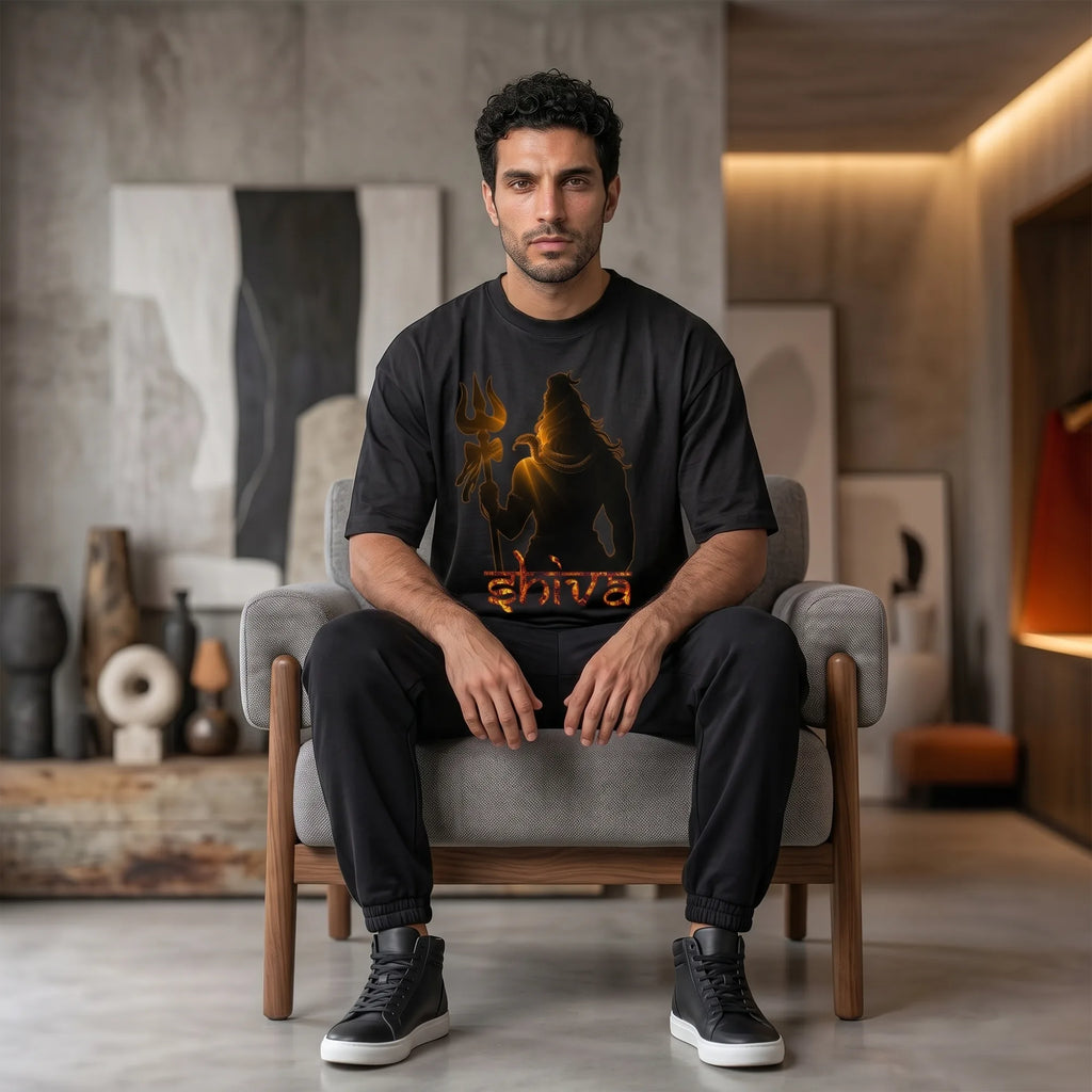 Lord Shiva Trishul Graphic Printed Oversized T-Shirt | Premium 240 GSM Pure Cotton Breathable Devotional Tee