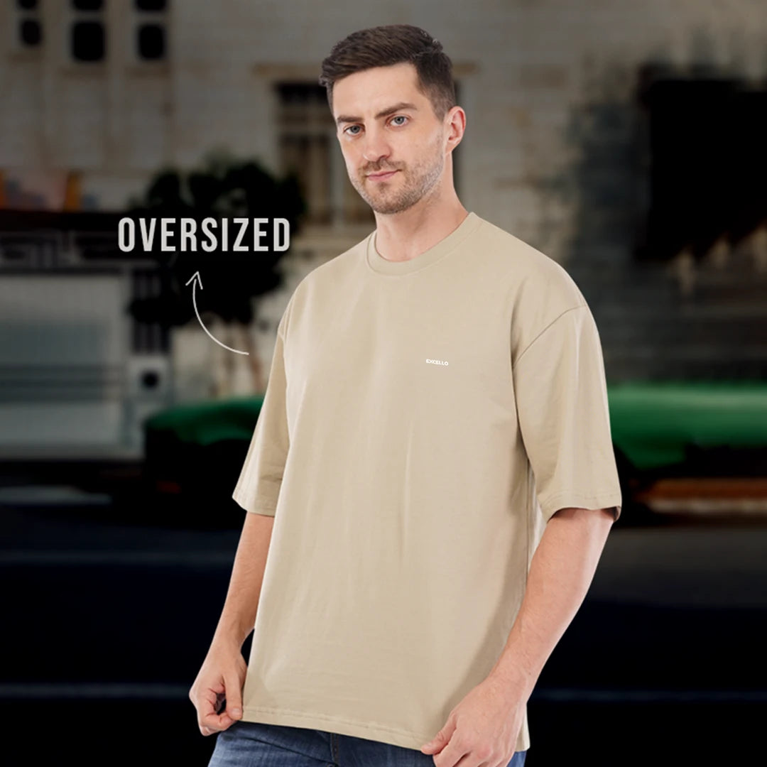 Men’s Premium Beige Oversized T-Shirt | 100% Rich Cotton | Trendy Drop-Shoulder Streetwear Tee