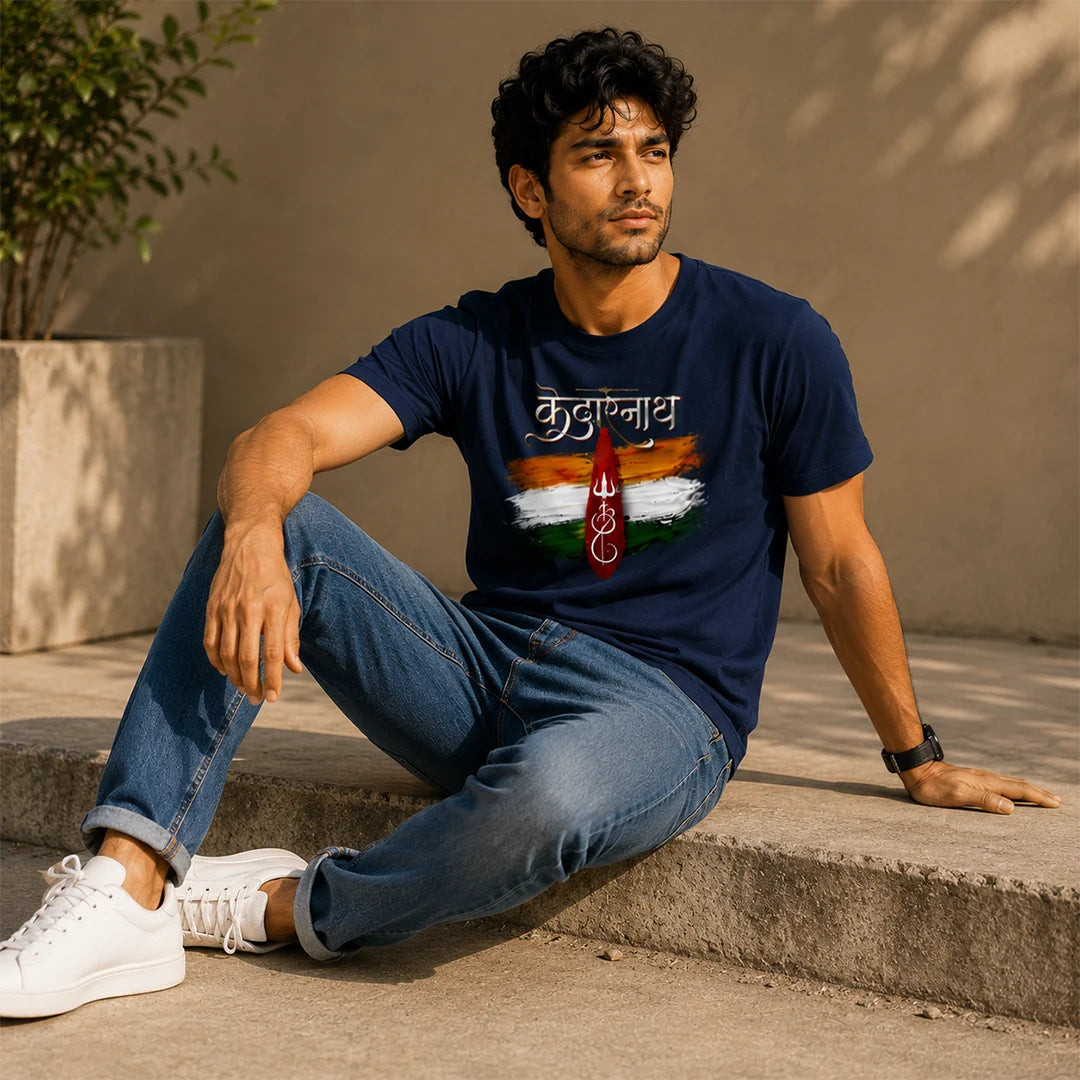 Men's Pure Cotton Regular Fit Kedarnath Tricolor Printed T-Shirt | 180 GSM Bio-Washed Spiritual Graphic Tee