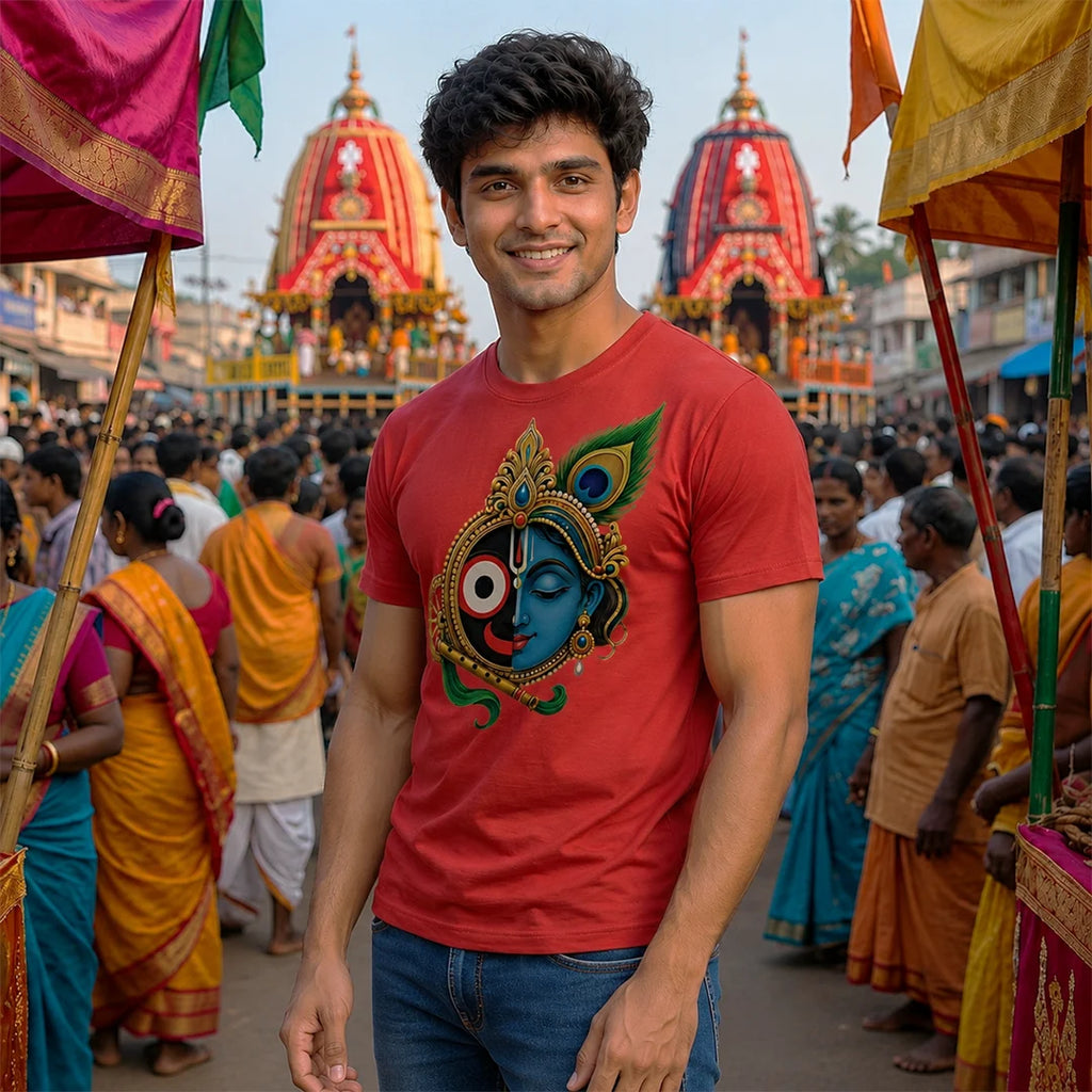 Men's Pure Cotton Lord Jagannath & Sri Krishna Fusion Graphic Printed T-Shirt