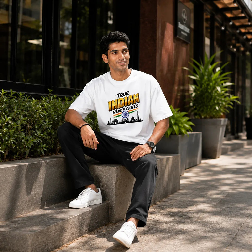 Men's "True Indian Never Quits" Oversized Graphic T-Shirt - 240 GSM Pure Cotton, Bio-Washed