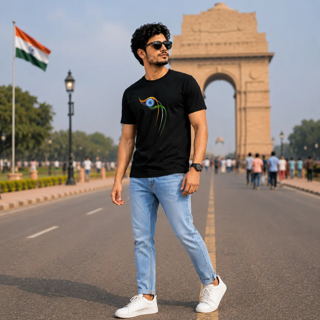 Excello Men's Patriotic Ashoka Chakra Graphic T-Shirt | 180 GSM Pure Cotton | Double Bio-Washed | Premium DTF Print