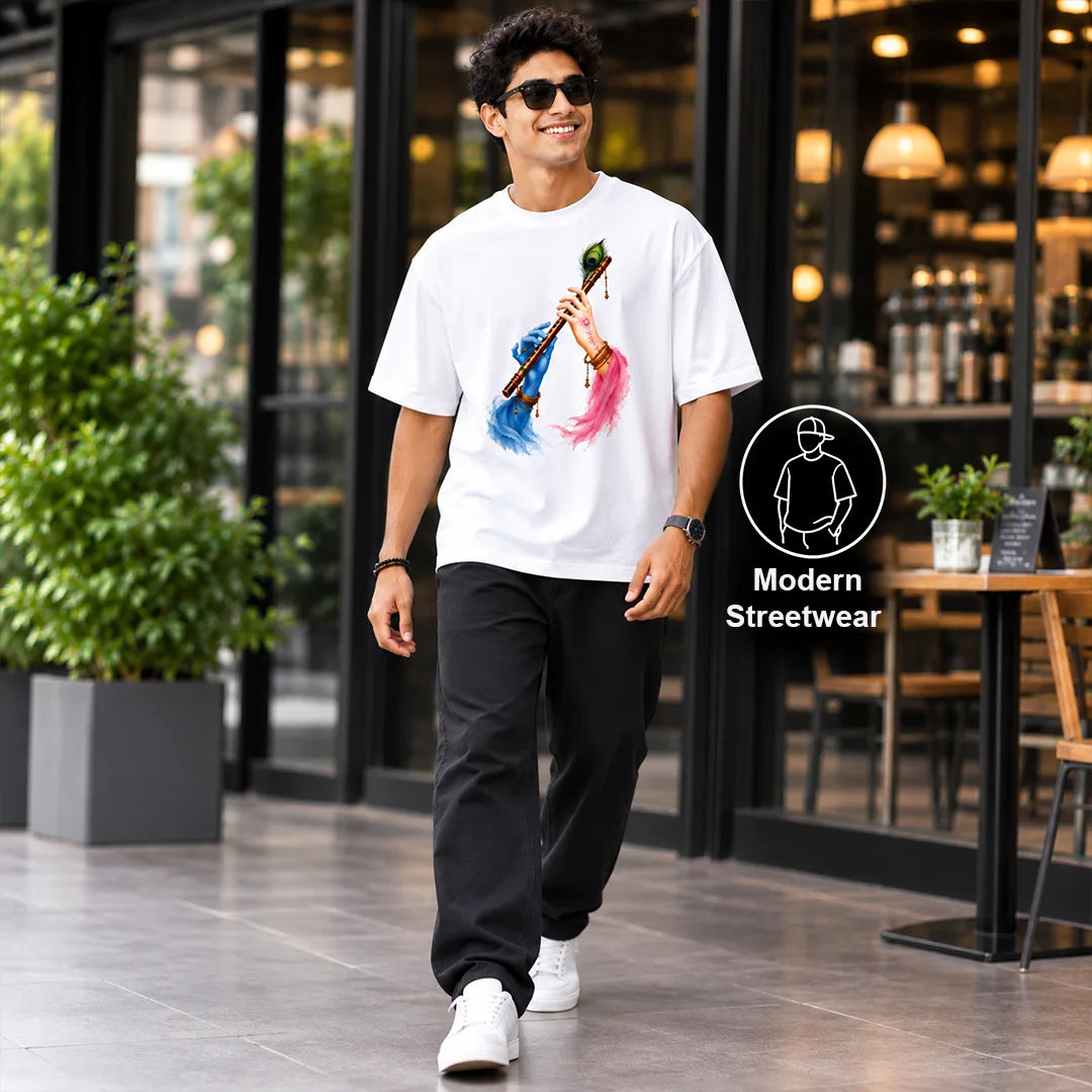 Excello Men's Divine Radha Krishna Flute Graphic Oversized T-Shirt - 240 GSM Pure Cotton, Bio-Washed
