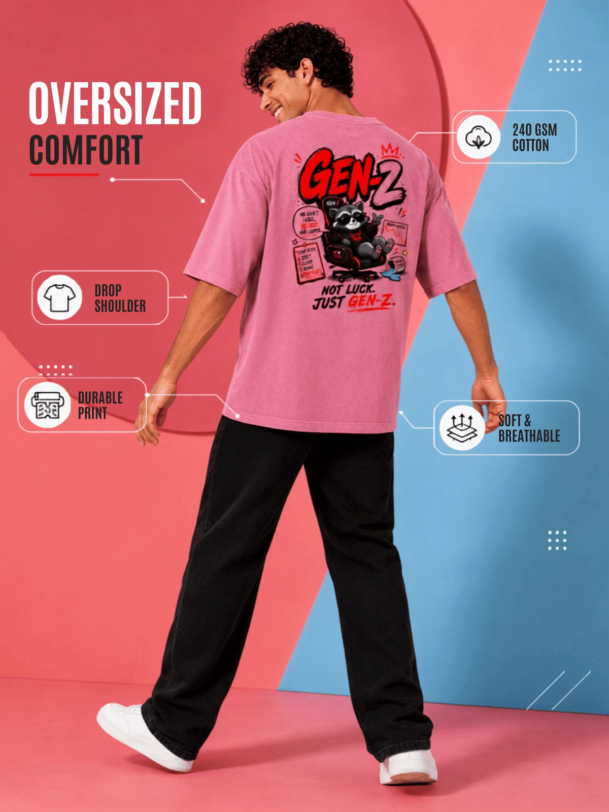 Excello Men's 'Gen-Z Raccoon' Gamer Graphic Oversized T-Shirt | Rose Pink