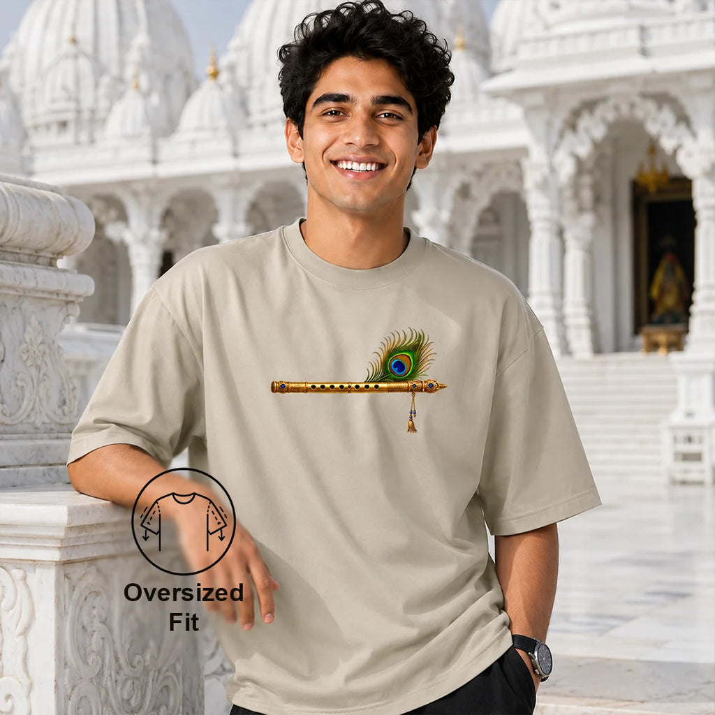 Excello Men's Divine Krishna Silhouette Graphic Oversized T-Shirt - 240 GSM Pure Cotton, Bio-Washed