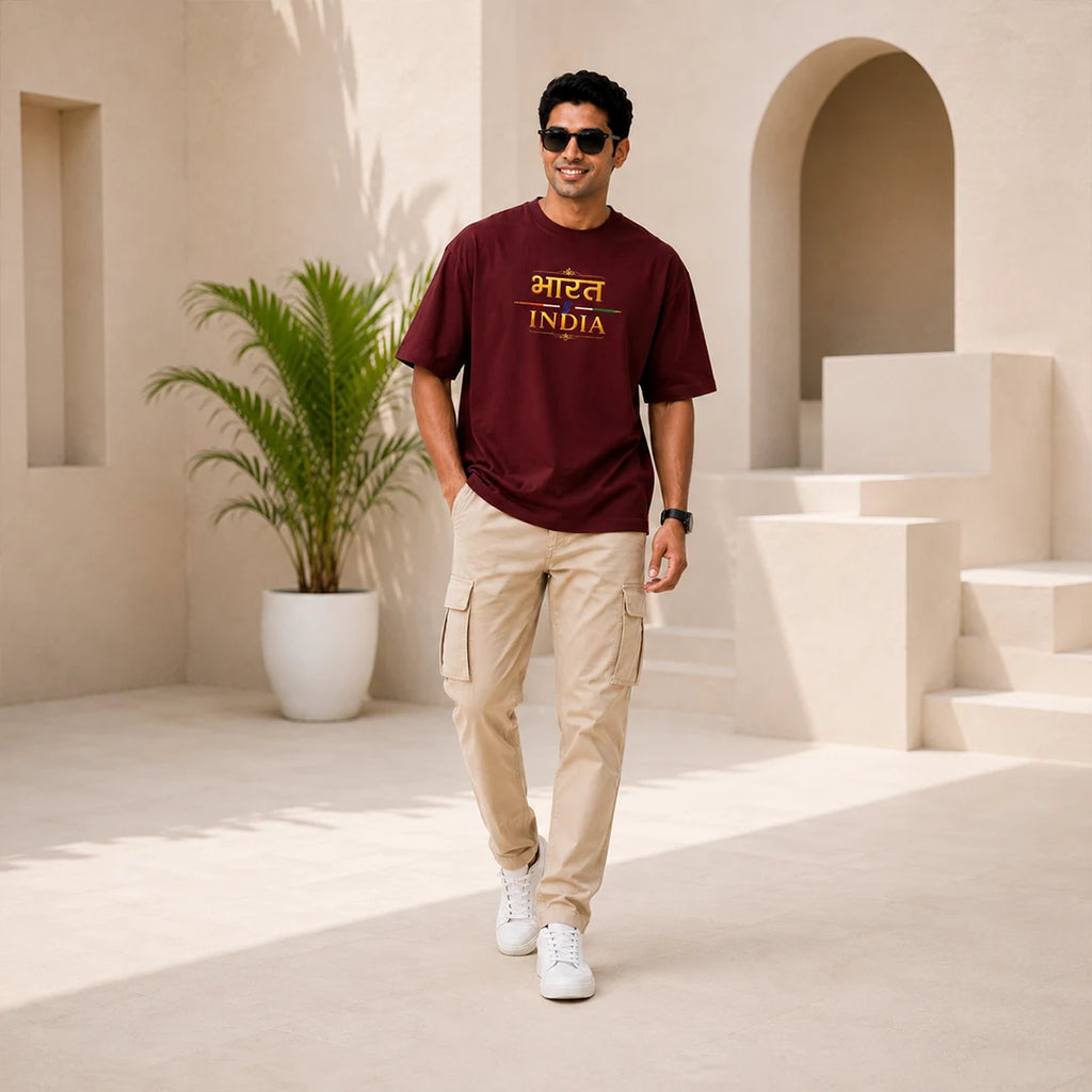 Men's "Bharat - India" Premium Oversized Graphic T-Shirt - 240 GSM Pure Cotton, Bio-Washed