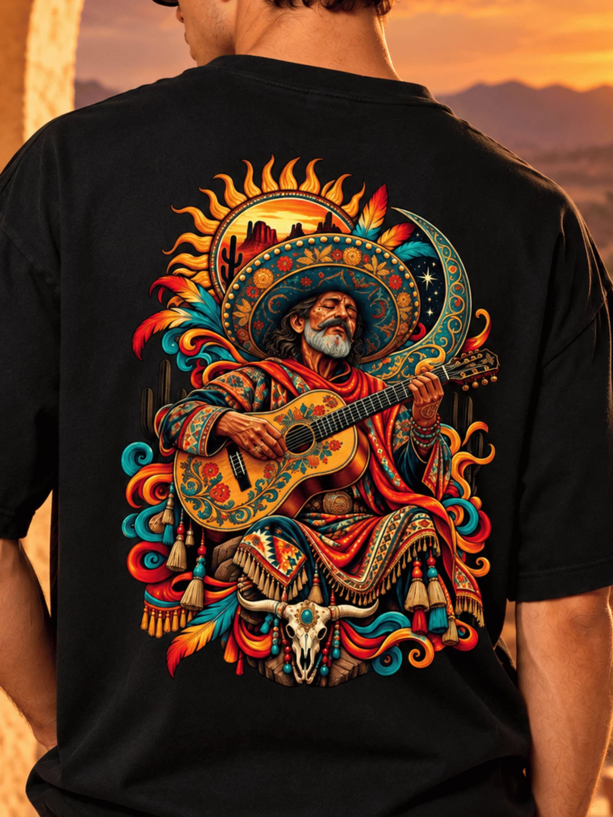 Excello Men's Mexican Musician Graphic Oversized T-Shirt | Black