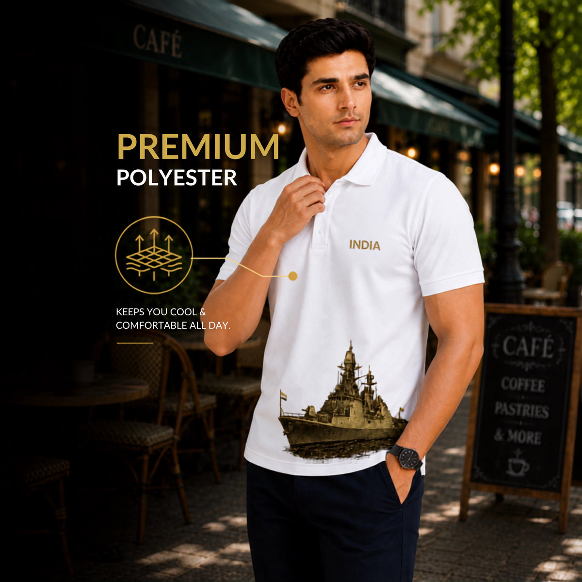 Patriotic India Naval Ship Polo for Men - 210 GSM Breathable T-Shirt