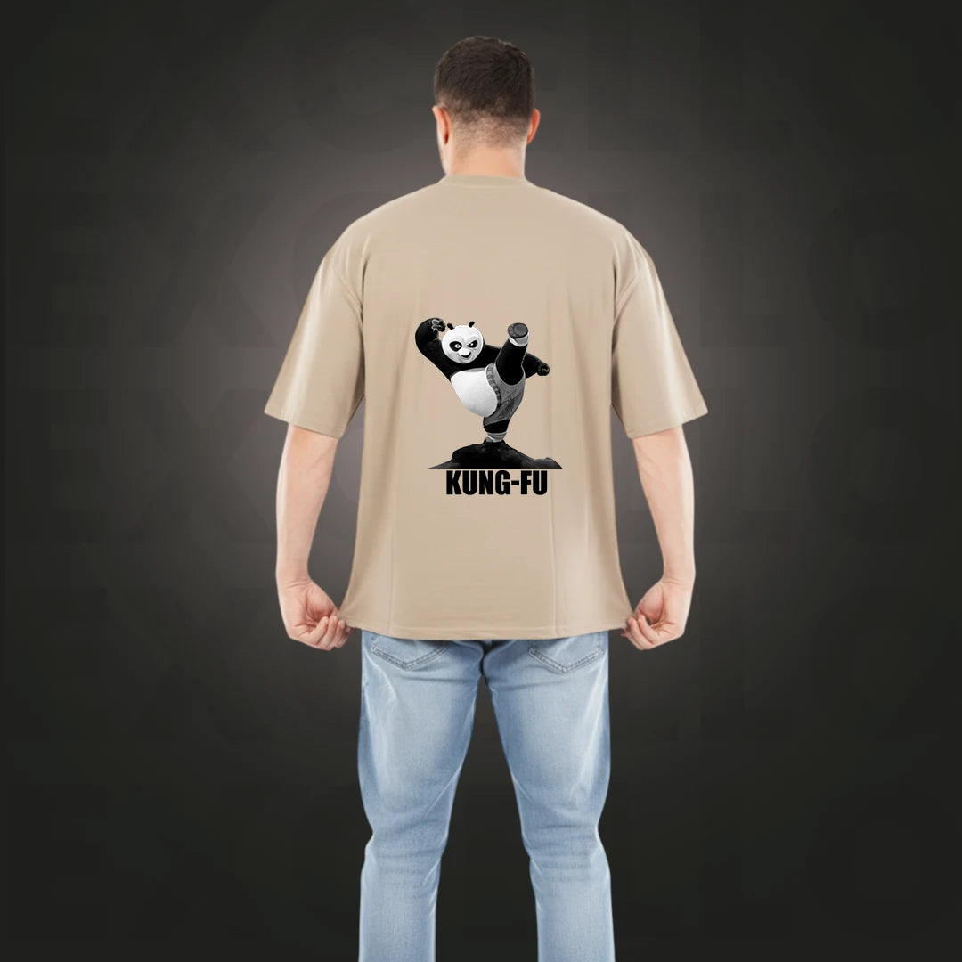 Men's "Kung Fu Panda" Oversized Graphic T-Shirt – 100% Rich Cotton, 220 GSM Streetwear Tee – Beige