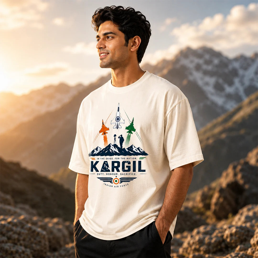 Men's Oversized Graphic T-Shirt - Kargil Indian Air Force Tribute, 240 GSM Pure Cotton, Bio-Washed