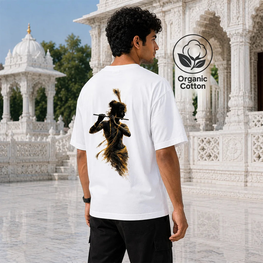 Excello Men's Divine Krishna Silhouette Graphic Oversized T-Shirt - 240 GSM Pure Cotton, Bio-Washed