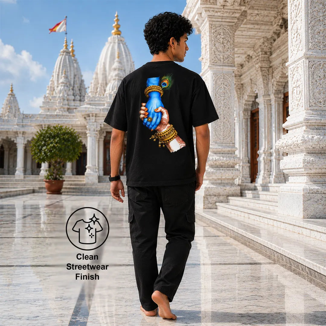 Excello Men's Jai Shree Krishna Divine Graphic Oversized T-Shirt - 240 GSM Pure Cotton, Bio-Washed