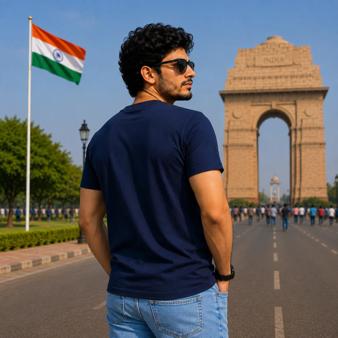 Excello Men's Patriotic Ashoka Chakra Graphic T-Shirt | 180 GSM Pure Cotton | Double Bio-Washed | Premium DTF Print