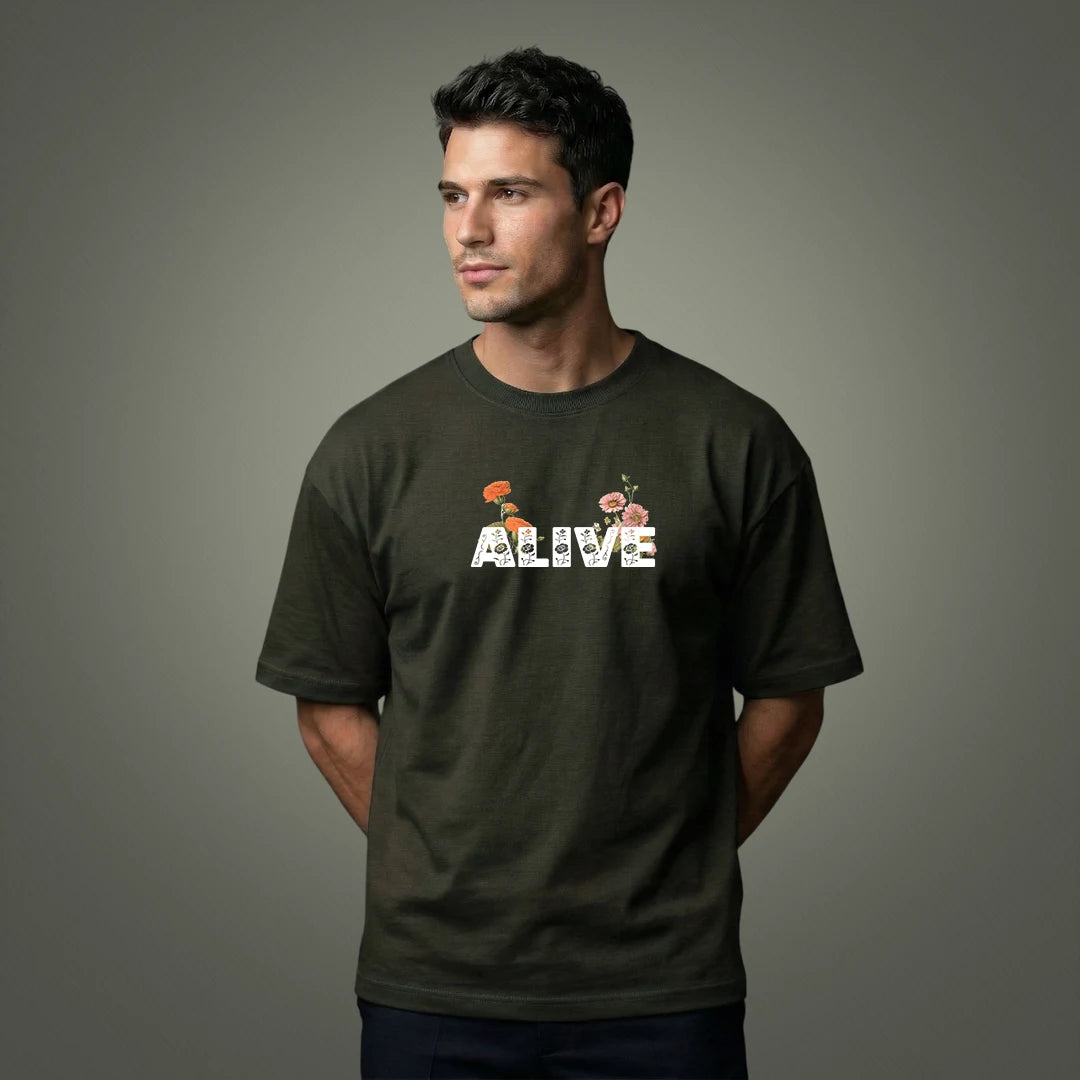 "Alive" Memento Mori Floral Skull Oversized T-Shirt – Olive Green
