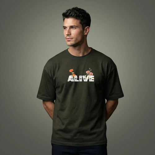 "Alive" Memento Mori Floral Skull Oversized T-Shirt – Olive Green
